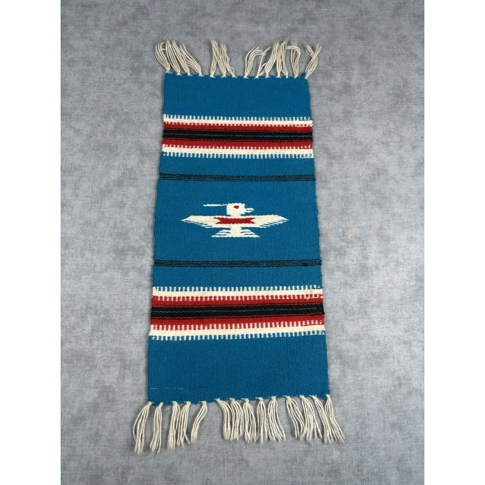 Americraft Inc Mexican Thunderbird Wall Hanging Rug Blue Acrylic 10x21 Fringe